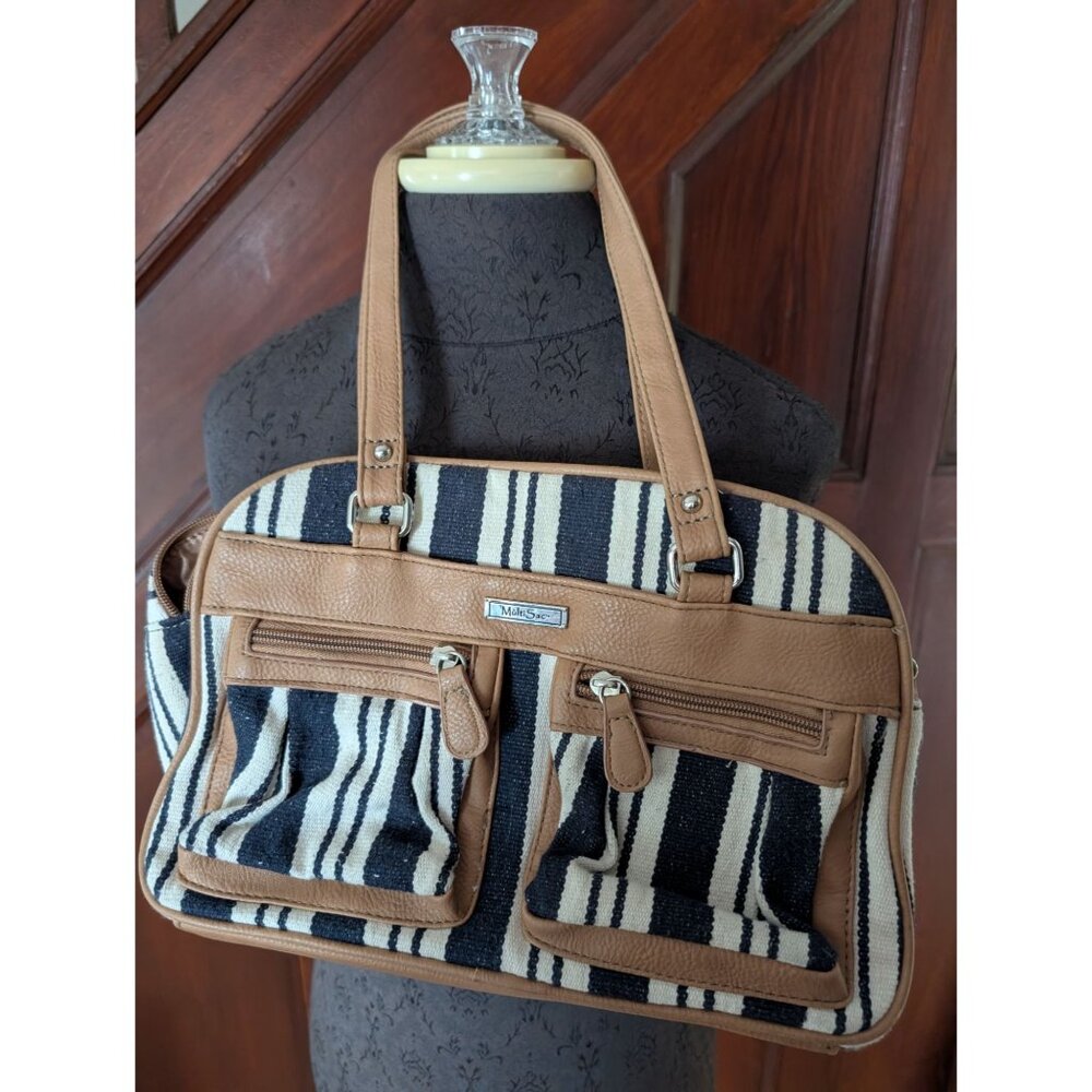 MultiSac Womens Stripe Tote Handbag Brown & Black Faux Leather & Canvas